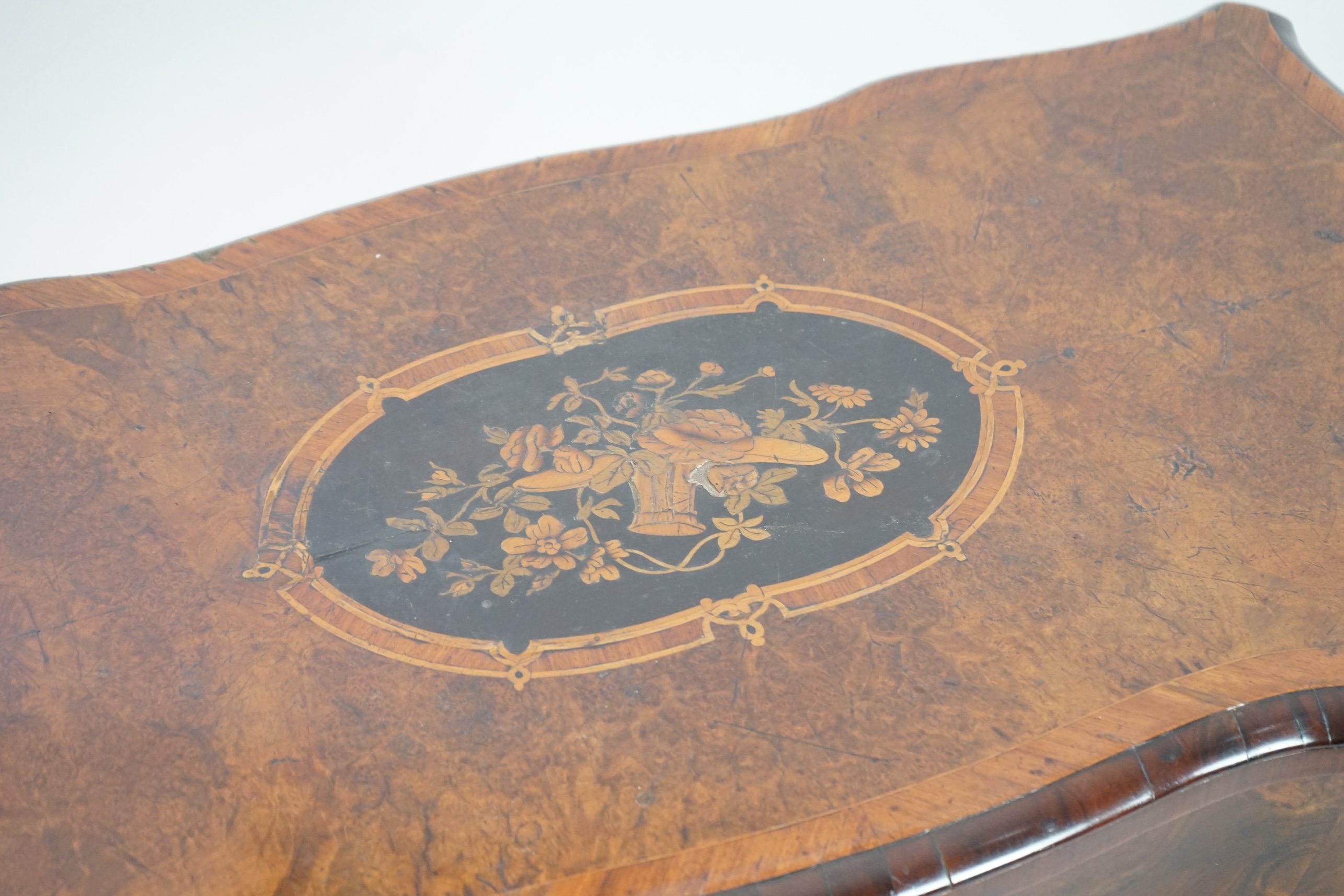 A Victorian marquetry inlaid burr walnut card table